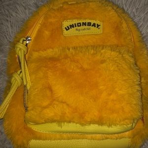 Bright yellow faux fur fuzzy mini backpack